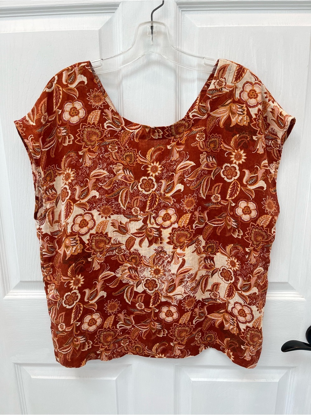 Nicole Miller 100% Linen Floral Rear Button Scoop Neck Boxy Top Large Rust Boho